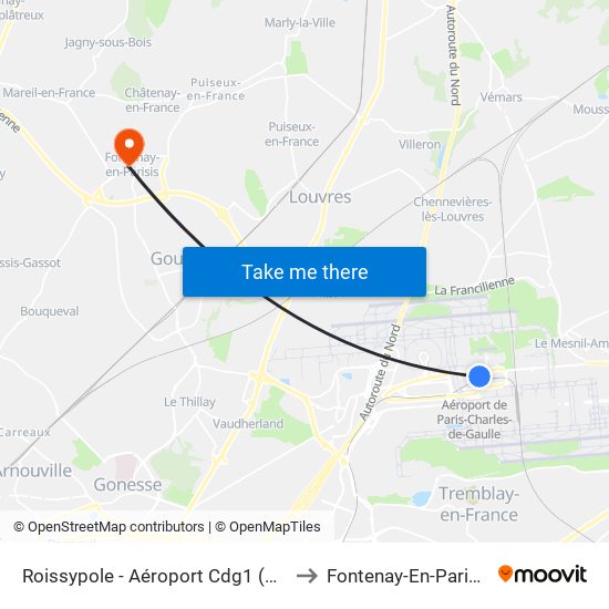 Roissypole - Aéroport Cdg1 (D3) to Fontenay-En-Parisis map