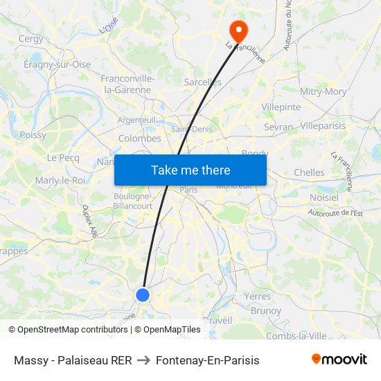 Massy - Palaiseau RER to Fontenay-En-Parisis map