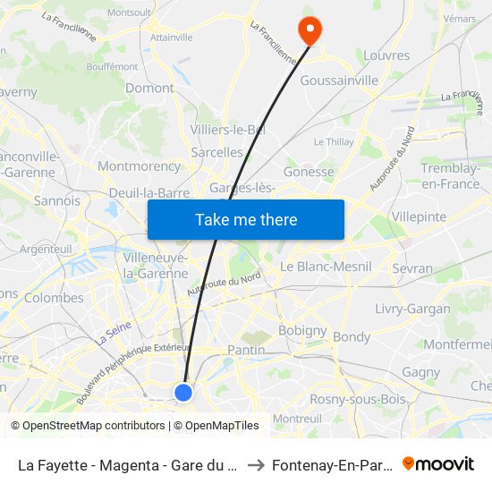 La Fayette - Magenta - Gare du Nord to Fontenay-En-Parisis map