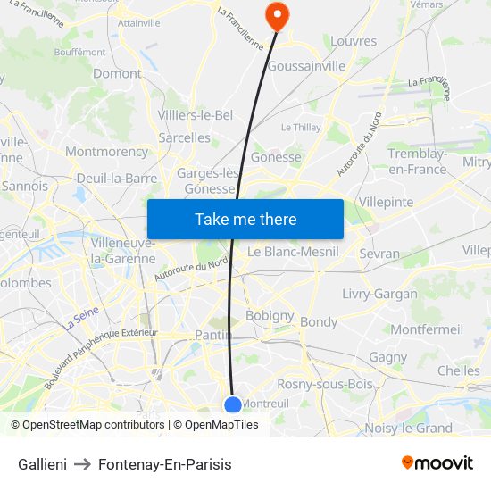Gallieni to Fontenay-En-Parisis map