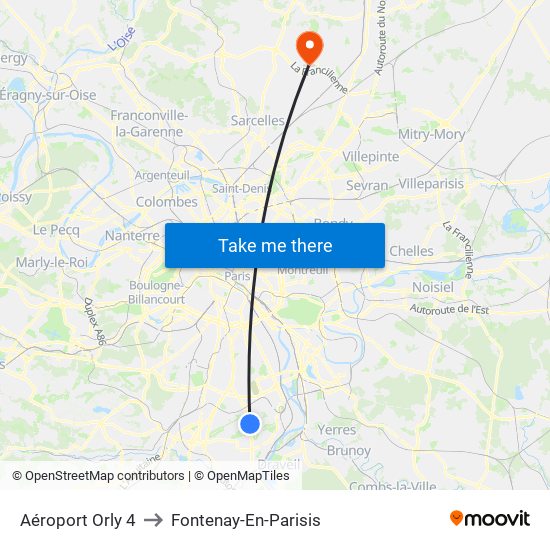 Aéroport Orly 4 to Fontenay-En-Parisis map