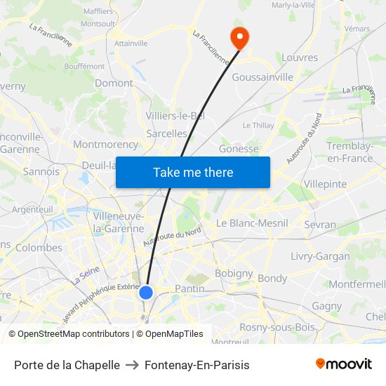 Porte de la Chapelle to Fontenay-En-Parisis map