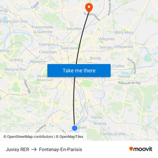 Juvisy RER to Fontenay-En-Parisis map