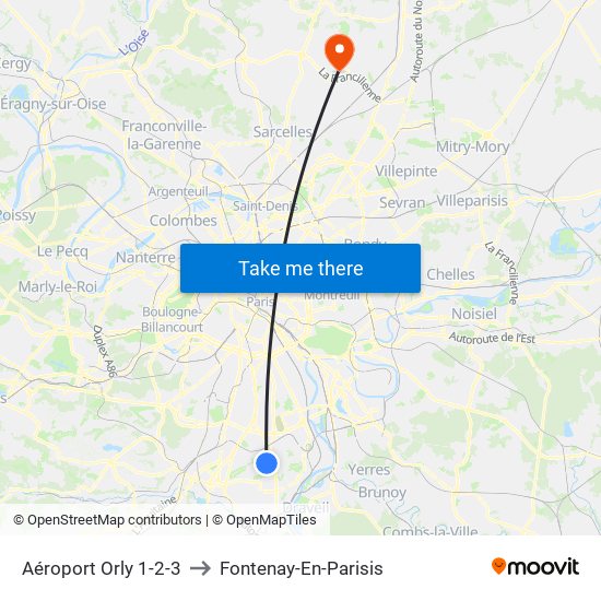 Aéroport Orly 1-2-3 to Fontenay-En-Parisis map