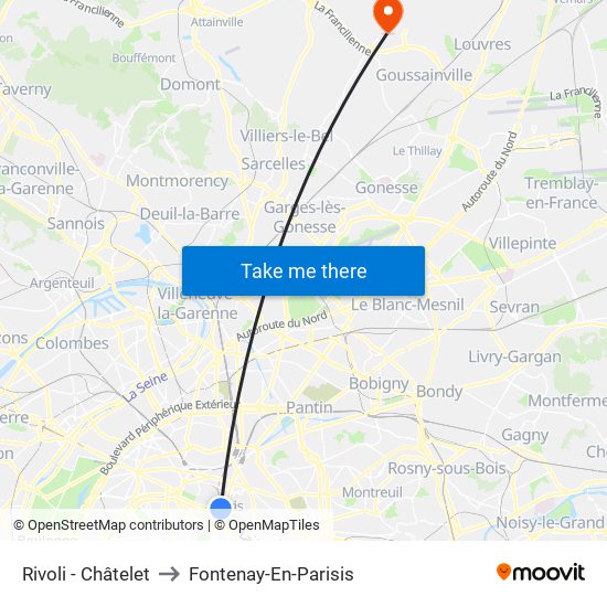 Rivoli - Châtelet to Fontenay-En-Parisis map