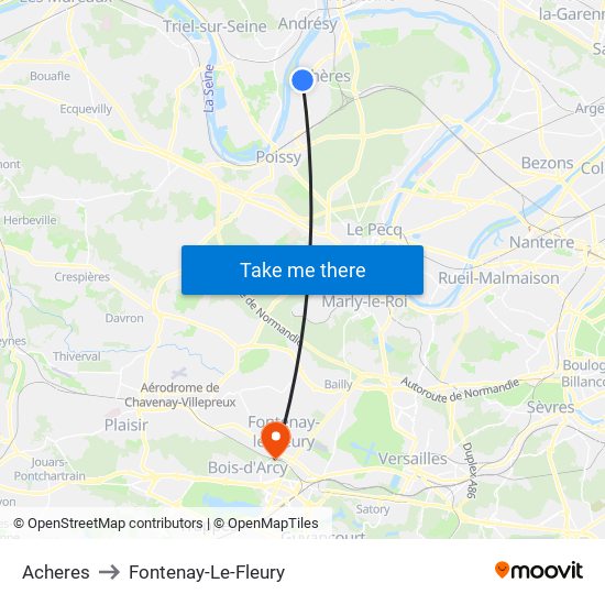 Acheres to Fontenay-Le-Fleury map