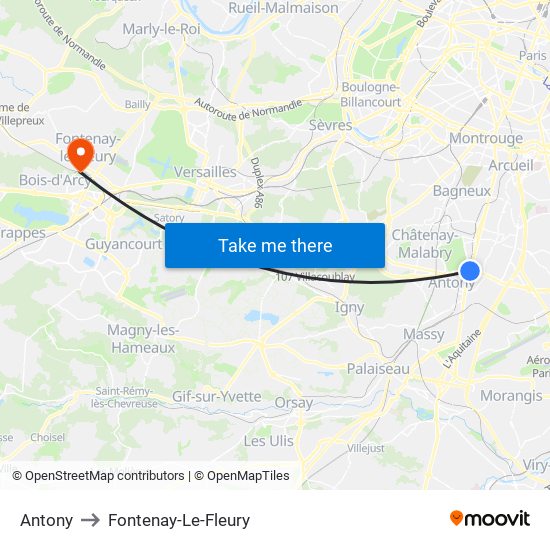 Antony to Fontenay-Le-Fleury map