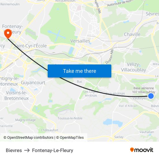 Bievres to Fontenay-Le-Fleury map