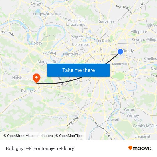Bobigny to Fontenay-Le-Fleury map