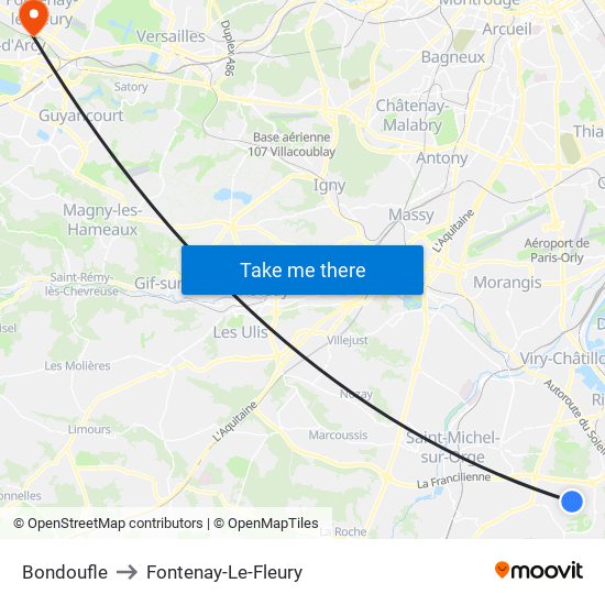 Bondoufle to Fontenay-Le-Fleury map
