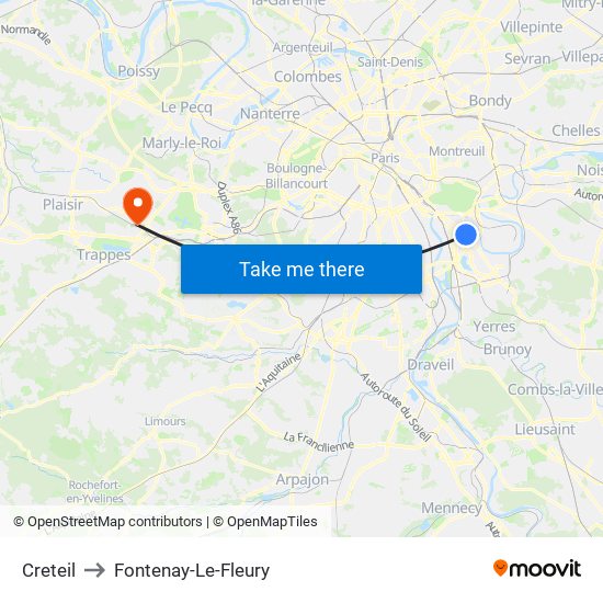 Creteil to Fontenay-Le-Fleury map