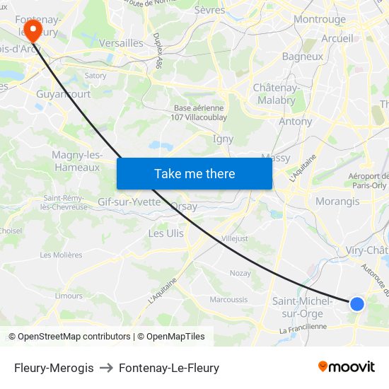 Fleury-Merogis to Fontenay-Le-Fleury map