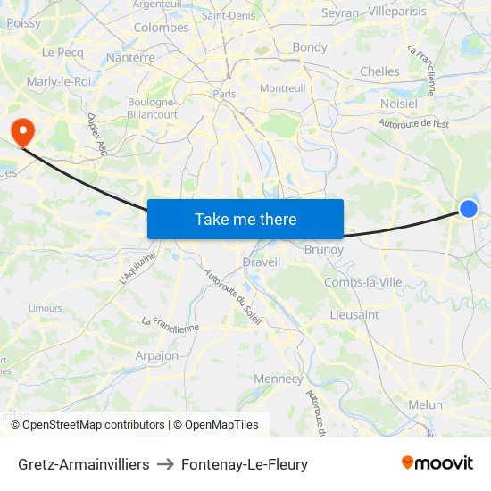 Gretz-Armainvilliers to Fontenay-Le-Fleury map