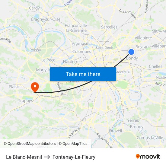 Le Blanc-Mesnil to Fontenay-Le-Fleury map