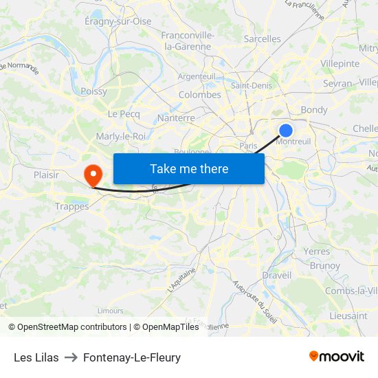 Les Lilas to Fontenay-Le-Fleury map