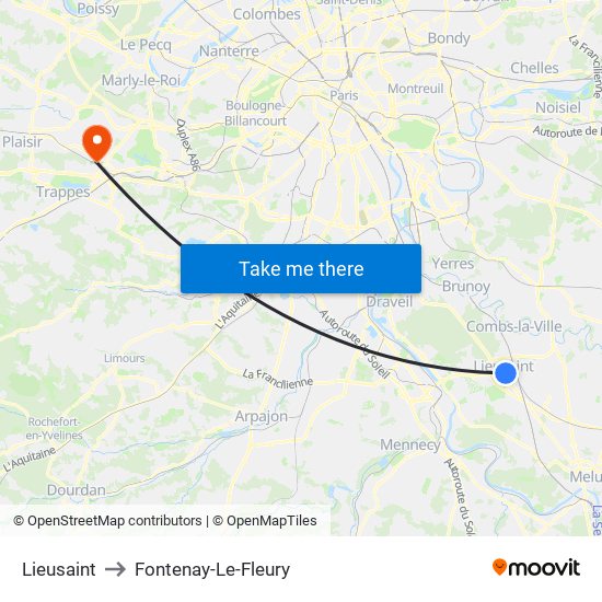 Lieusaint to Fontenay-Le-Fleury map