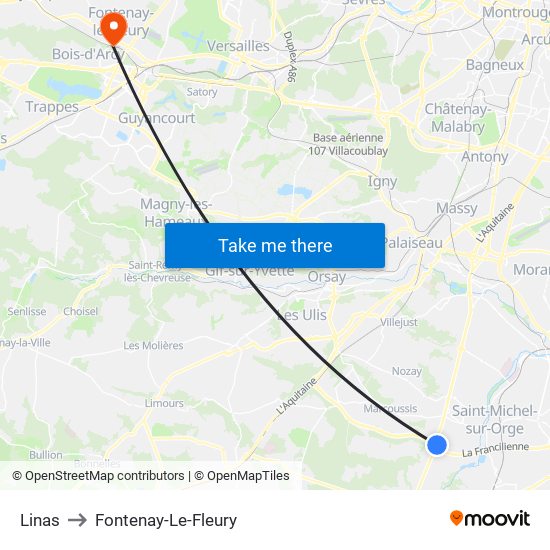 Linas to Fontenay-Le-Fleury map