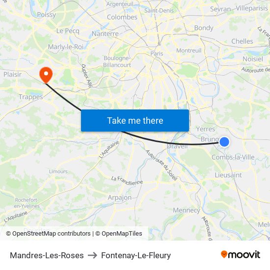 Mandres-Les-Roses to Fontenay-Le-Fleury map