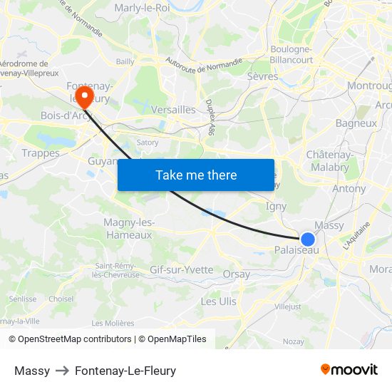 Massy to Fontenay-Le-Fleury map