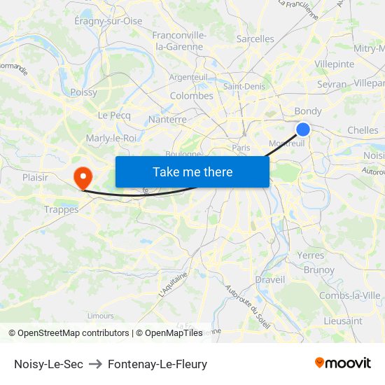 Noisy-Le-Sec to Fontenay-Le-Fleury map