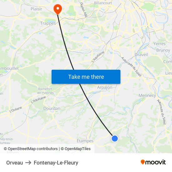 Orveau to Fontenay-Le-Fleury map