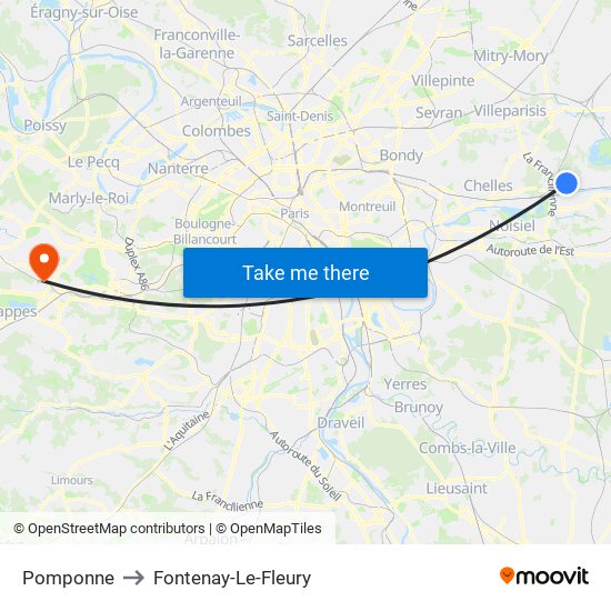 Pomponne to Fontenay-Le-Fleury map