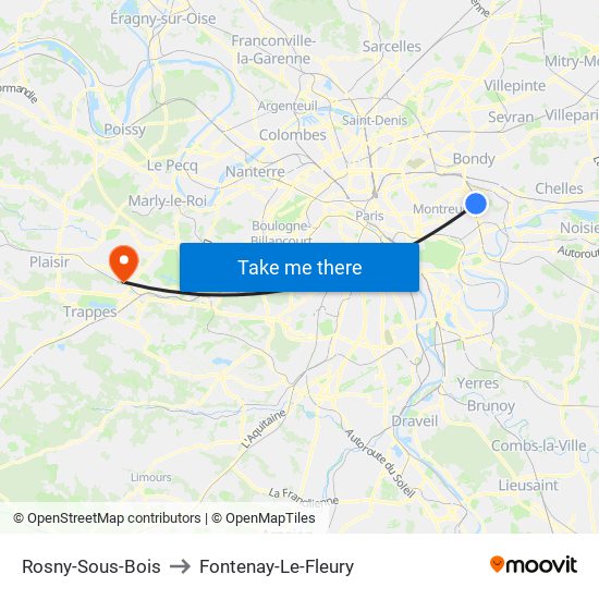 Rosny-Sous-Bois to Fontenay-Le-Fleury map