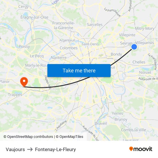Vaujours to Fontenay-Le-Fleury map