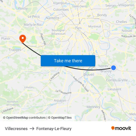 Villecresnes to Fontenay-Le-Fleury map