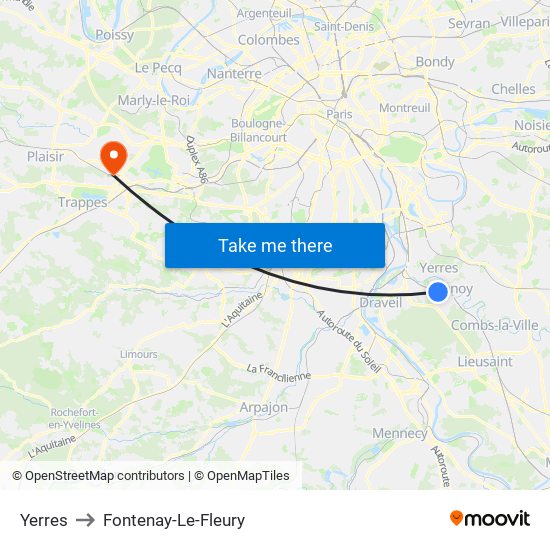 Yerres to Fontenay-Le-Fleury map