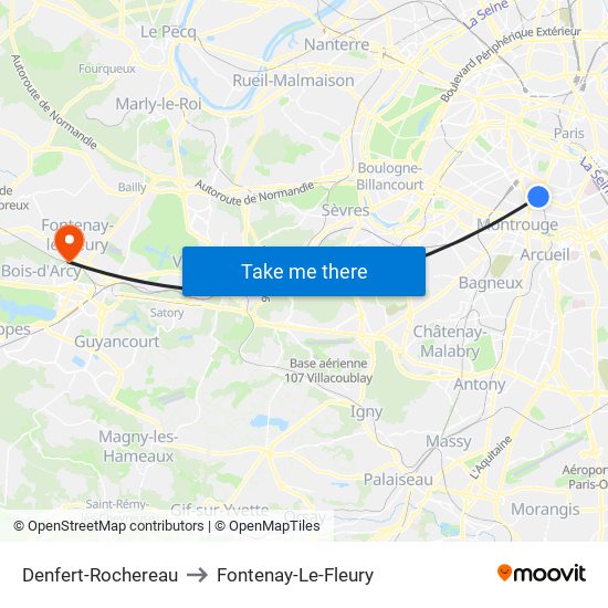 Denfert-Rochereau to Fontenay-Le-Fleury map