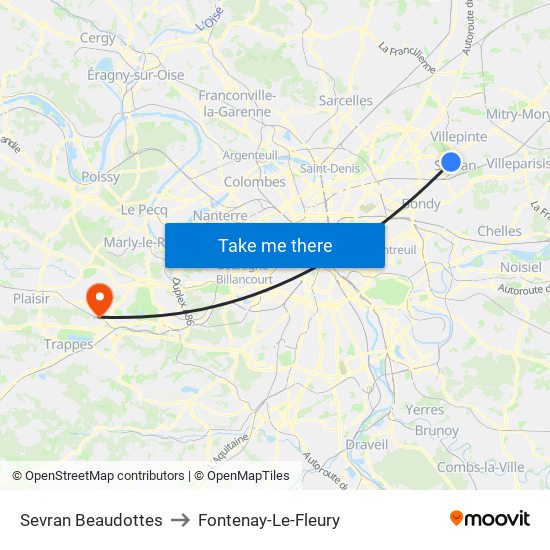 Sevran Beaudottes to Fontenay-Le-Fleury map
