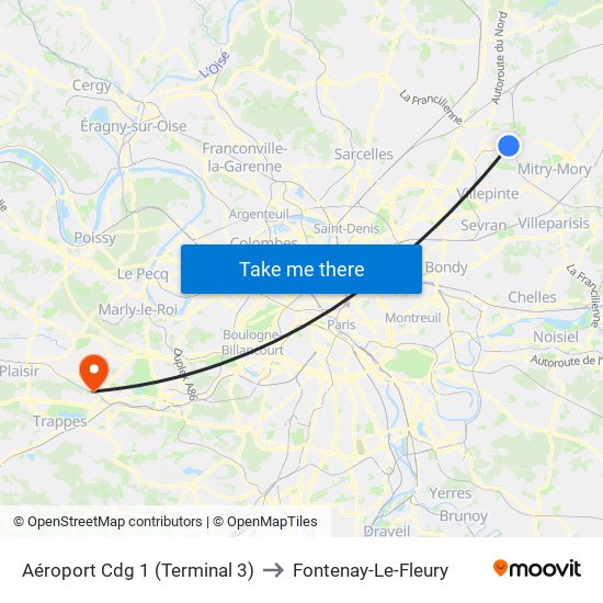 Aéroport Cdg 1 (Terminal 3) to Fontenay-Le-Fleury map