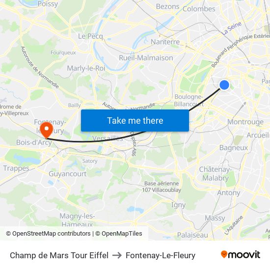 Champ de Mars Tour Eiffel to Fontenay-Le-Fleury map