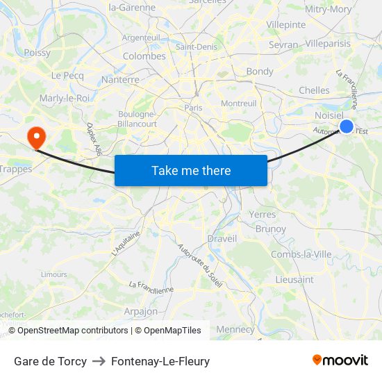Gare de Torcy to Fontenay-Le-Fleury map
