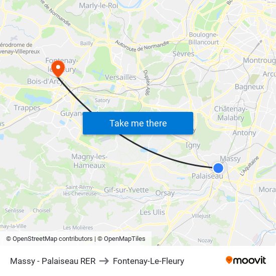 Massy - Palaiseau RER to Fontenay-Le-Fleury map