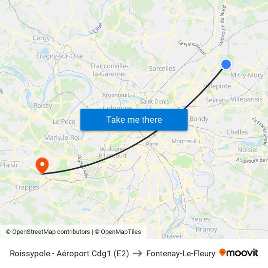 Roissypole - Aéroport Cdg1 (E2) to Fontenay-Le-Fleury map