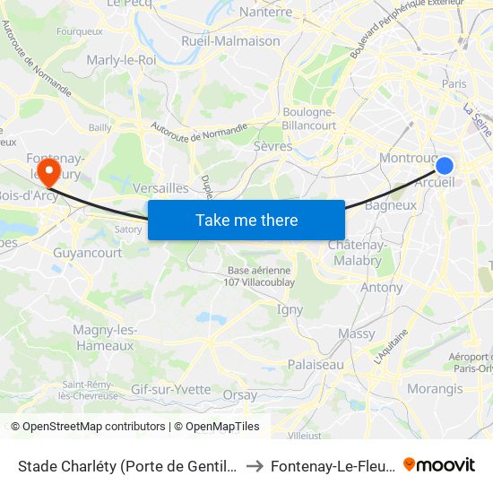 Stade Charléty (Porte de Gentilly) to Fontenay-Le-Fleury map