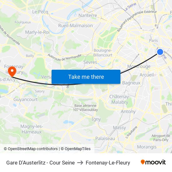 Gare D'Austerlitz - Cour Seine to Fontenay-Le-Fleury map