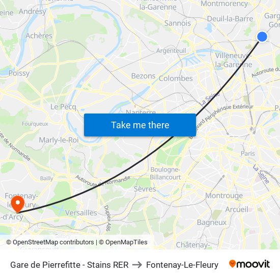 Gare de Pierrefitte - Stains RER to Fontenay-Le-Fleury map