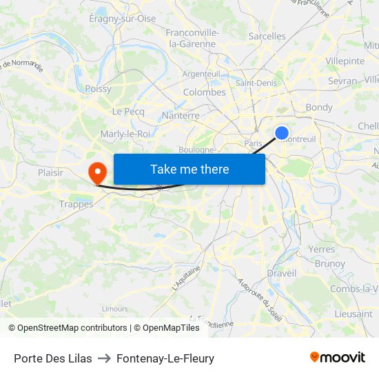 Porte Des Lilas to Fontenay-Le-Fleury map