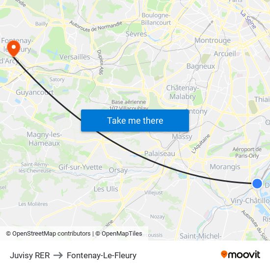 Juvisy RER to Fontenay-Le-Fleury map