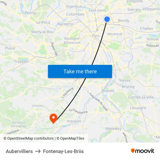 Aubervilliers to Fontenay-Les-Briis map