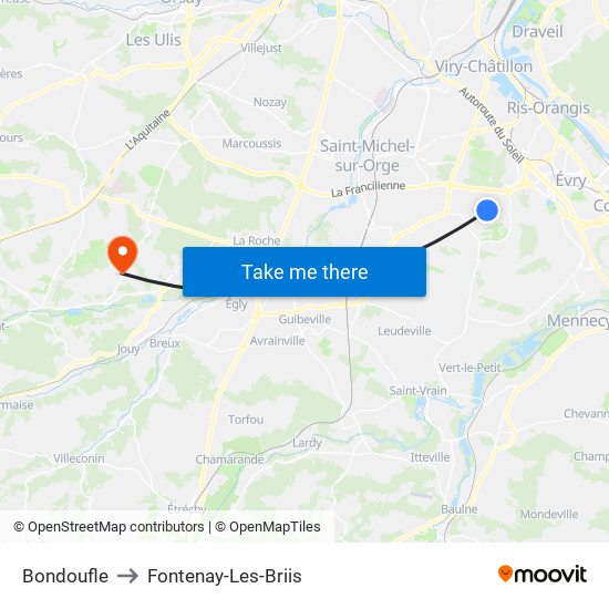 Bondoufle to Fontenay-Les-Briis map