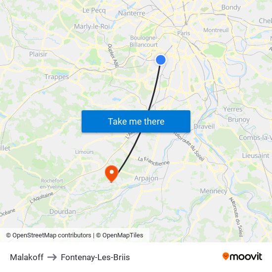 Malakoff to Fontenay-Les-Briis map