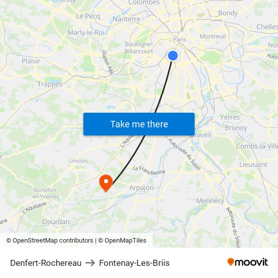 Denfert-Rochereau to Fontenay-Les-Briis map