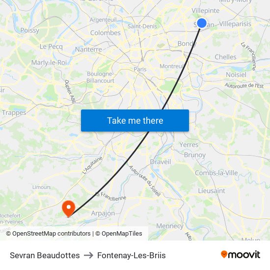 Sevran Beaudottes to Fontenay-Les-Briis map