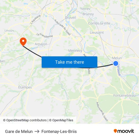 Gare de Melun to Fontenay-Les-Briis map