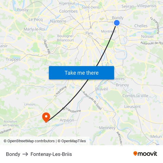 Bondy to Fontenay-Les-Briis map
