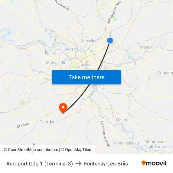 Aéroport Cdg 1 (Terminal 3) to Fontenay-Les-Briis map